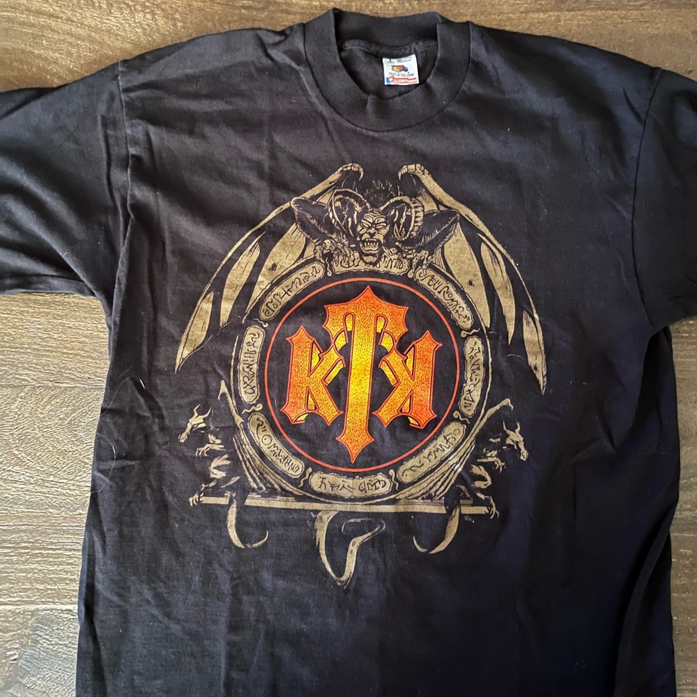 Black Graphic T-Shirt with Orange and Gold Design
